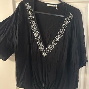 Black Boxy Embellished Tie Front Blouse